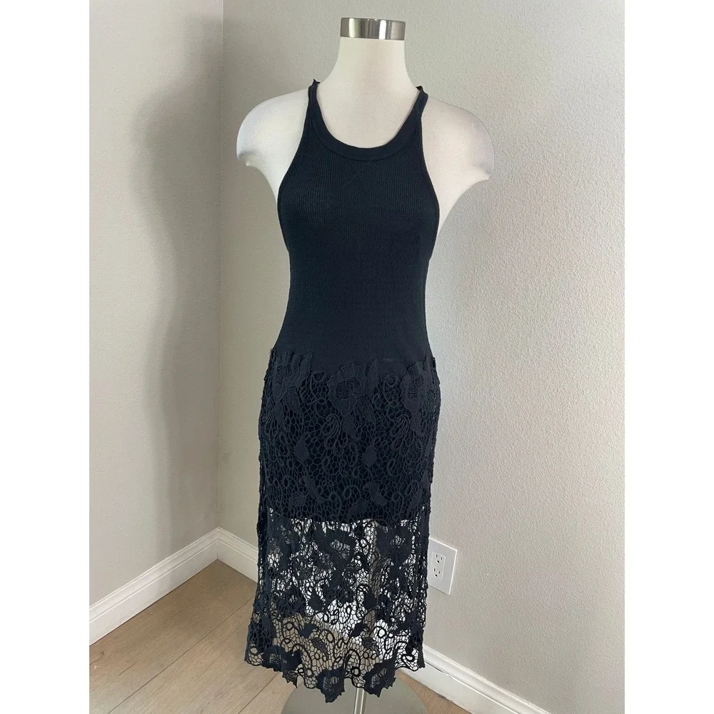 NEW Free People Medium Nora Tank Dress Black Knit Floral Lace Midi Festival Boho